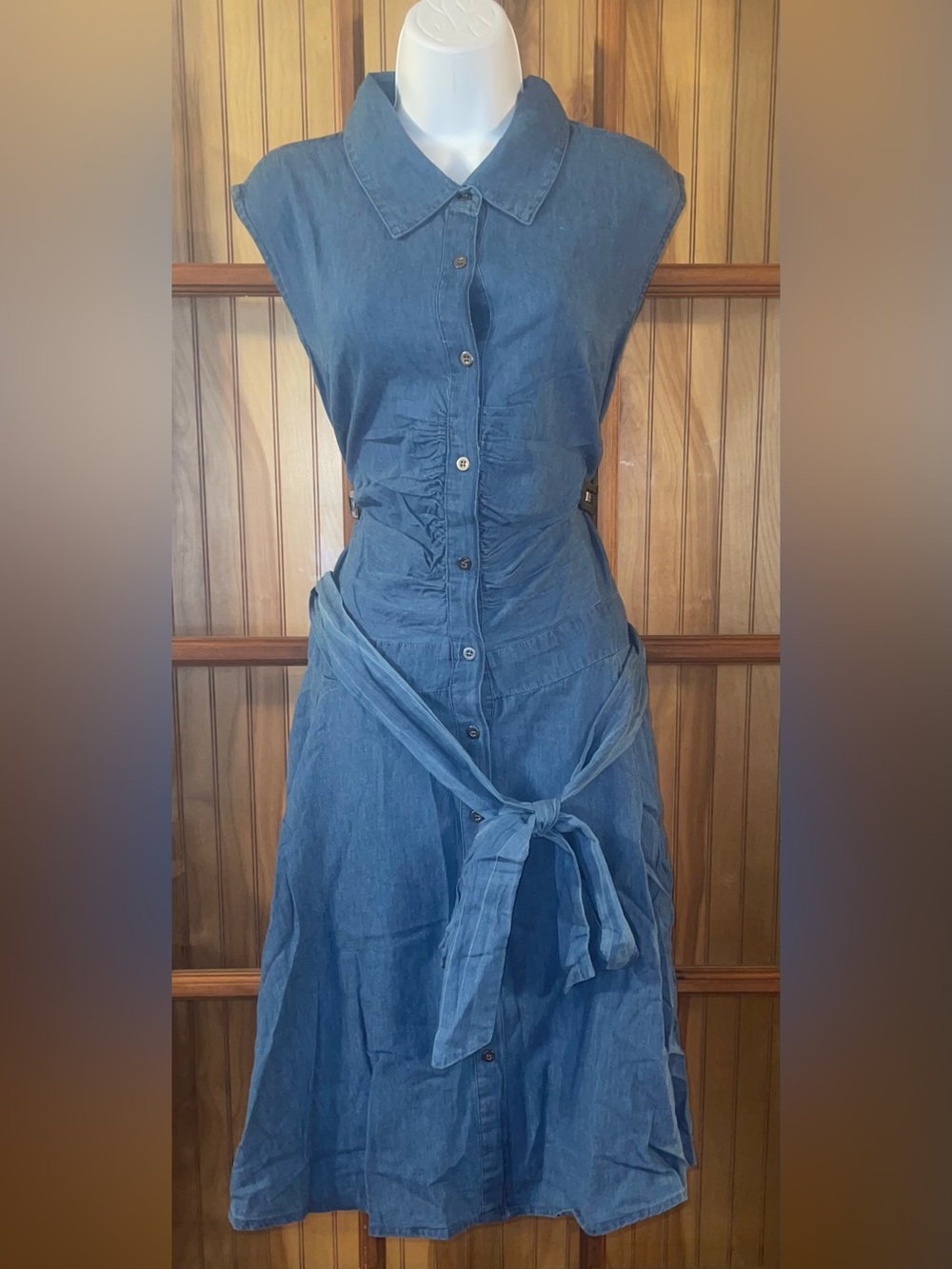 Sleeveless Blue Denim Shirt Dress with Waist Tie
